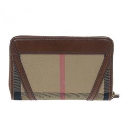 Pre Owned Burberry Brown Check Canvas Ziggy Zip Continental Wallet
