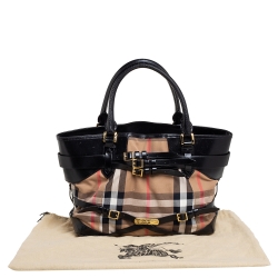 Pre Owned Burberry Black House Check Canvas and Leather Medium Bridle Lynher Tote