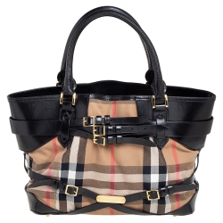 Pre Owned Burberry Black House Check Canvas and Leather Medium Bridle Lynher Tote