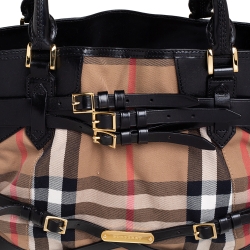 Pre Owned Burberry Black House Check Canvas and Leather Medium Bridle Lynher Tote