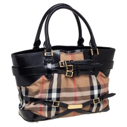 Pre Owned Burberry Black House Check Canvas and Leather Medium Bridle Lynher Tote