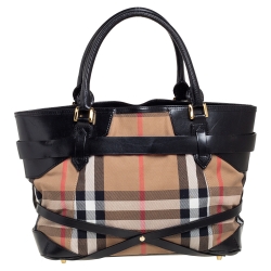 Pre Owned Burberry Black House Check Canvas and Leather Medium Bridle Lynher Tote