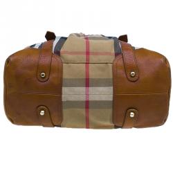 Pre Owned Burberry Brown Canvas/Leather House Check Drawstring Tote Bag