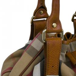 Pre Owned Burberry Brown Canvas/Leather House Check Drawstring Tote Bag
