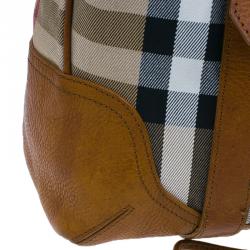 Pre Owned Burberry Brown Canvas/Leather House Check Drawstring Tote Bag
