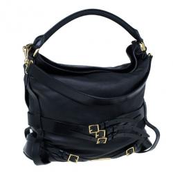 مملوكة مسبقًا Burberry Black Lambskin Leather Belted Hobo