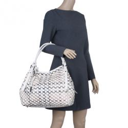 Pre Owned Burberry White Basket Weave Check Print Hobo