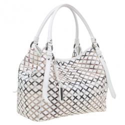 Pre Owned Burberry White Basket Weave Check Print Hobo