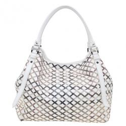Pre Owned Burberry White Basket Weave Check Print Hobo