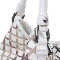Pre Owned Burberry White Basket Weave Check Print Hobo
