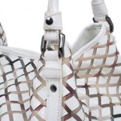 Pre Owned Burberry White Basket Weave Check Print Hobo