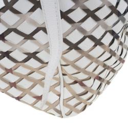 Pre Owned Burberry White Basket Weave Check Print Hobo