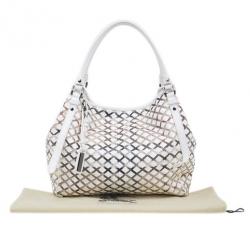Pre Owned Burberry White Basket Weave Check Print Hobo