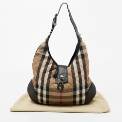 Pre Owned Burberry Black/Beige House Check Canvas and Leather Brook Hobo