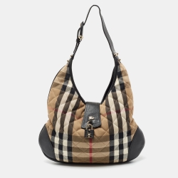 Pre Owned Burberry Black/Beige House Check Canvas and Leather Brook Hobo