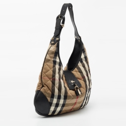 Pre Owned Burberry Black/Beige House Check Canvas and Leather Brook Hobo