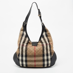 Pre Owned Burberry Black/Beige House Check Canvas and Leather Brook Hobo
