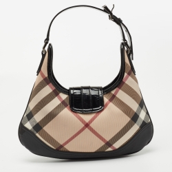 Pre Owned Burberry Black/Beige Nova Check PVC and Patent Leather Mini Brooke Hobo