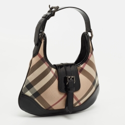 Pre Owned Burberry Black/Beige Nova Check PVC and Patent Leather Mini Brooke Hobo