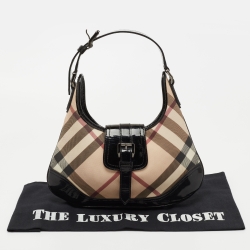 Pre Owned Burberry Black/Beige Nova Check PVC and Patent Leather Mini Brooke Hobo