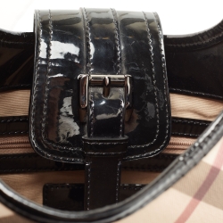 Pre Owned Burberry Black/Beige Nova Check PVC and Patent Leather Mini Brooke Hobo