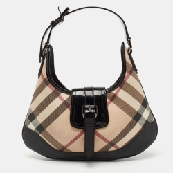 Pre Owned Burberry Black/Beige Nova Check PVC and Patent Leather Mini Brooke Hobo