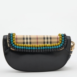 Pre Owned Burberry Multicolor Haymarket Check Canvas and Leather Embellished Wristlet Clutch