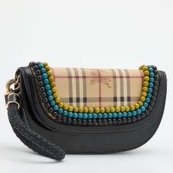 Pre Owned Burberry Multicolor Haymarket Check Canvas and Leather Embellished Wristlet Clutch
