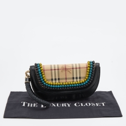 Pre Owned Burberry Multicolor Haymarket Check Canvas and Leather Embellished Wristlet Clutch