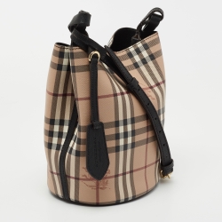 Pre Owned Burberry Bucket Beige Haymarket Check Coated Canvas and Leather Bucket Bag
