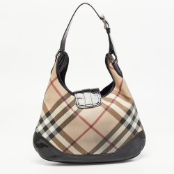 Pre Owned Burberry Black/Beige Nova Check PVC and Patent Leather Brooke Hobo