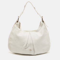 Pre Owned Burberry White Leather Buckle Handle Hobo