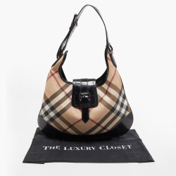Pre Owned Burberry Black/Beige Nova Check PVC and Patent Leather Brooke Hobo