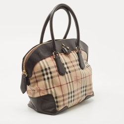 Pre Owned Burberry Brown/Beige Haymarket Check PVC and Leather Primrose Satchel
