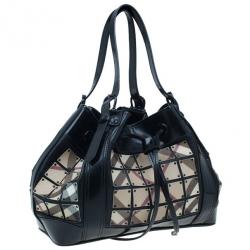 Pre Owned Burberry Black Nova Check Leather Warrior Armor Hobo