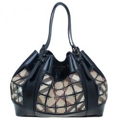 Pre Owned Burberry Black Nova Check Leather Warrior Armor Hobo