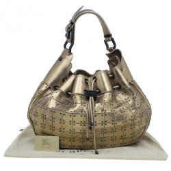 Pre Owned Burberry Gold Leather Prorsum Studded Warrior Bag