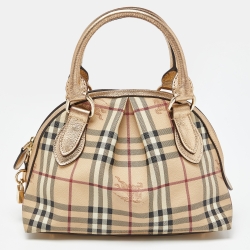 Burberry Gold Haymarket Check PVC and Leather Thornley Bowling Bag