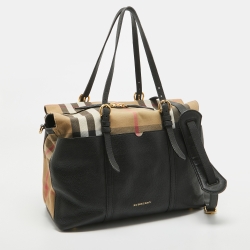 Pre Owned Burberry Black/Beige House Check Fabric and Leather Mason Diaper Tote