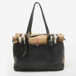 Pre Owned Burberry Black/Beige House Check Fabric and Leather Mason Diaper Tote