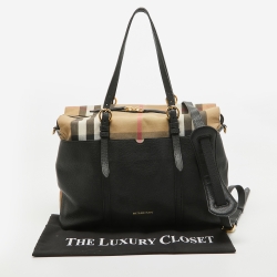 Pre Owned Burberry Black/Beige House Check Fabric and Leather Mason Diaper Tote