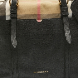 Pre Owned Burberry Black/Beige House Check Fabric and Leather Mason Diaper Tote