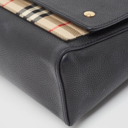 Pre Owned Burberry Black/Beige Leather and House Check Fabric Note Shoulder Bag