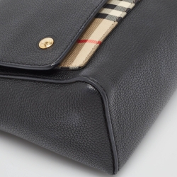 Pre Owned Burberry Black/Beige Leather and House Check Fabric Note Shoulder Bag