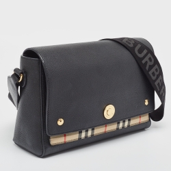 Pre Owned Burberry Black/Beige Leather and House Check Fabric Note Shoulder Bag