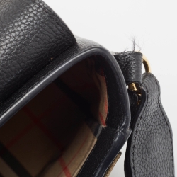 Pre Owned Burberry Black/Beige Leather and House Check Fabric Note Shoulder Bag