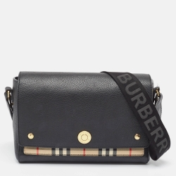 Pre Owned Burberry Black/Beige Leather and House Check Fabric Note Shoulder Bag