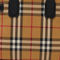 Pre Owned Burberry Beige/Black House Check Fabric and Leather Small Banner Tote