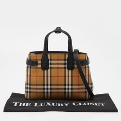 Pre Owned Burberry Beige/Black House Check Fabric and Leather Small Banner Tote