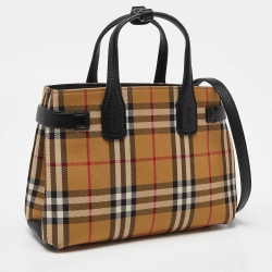 Pre Owned Burberry Beige/Black House Check Fabric and Leather Small Banner Tote